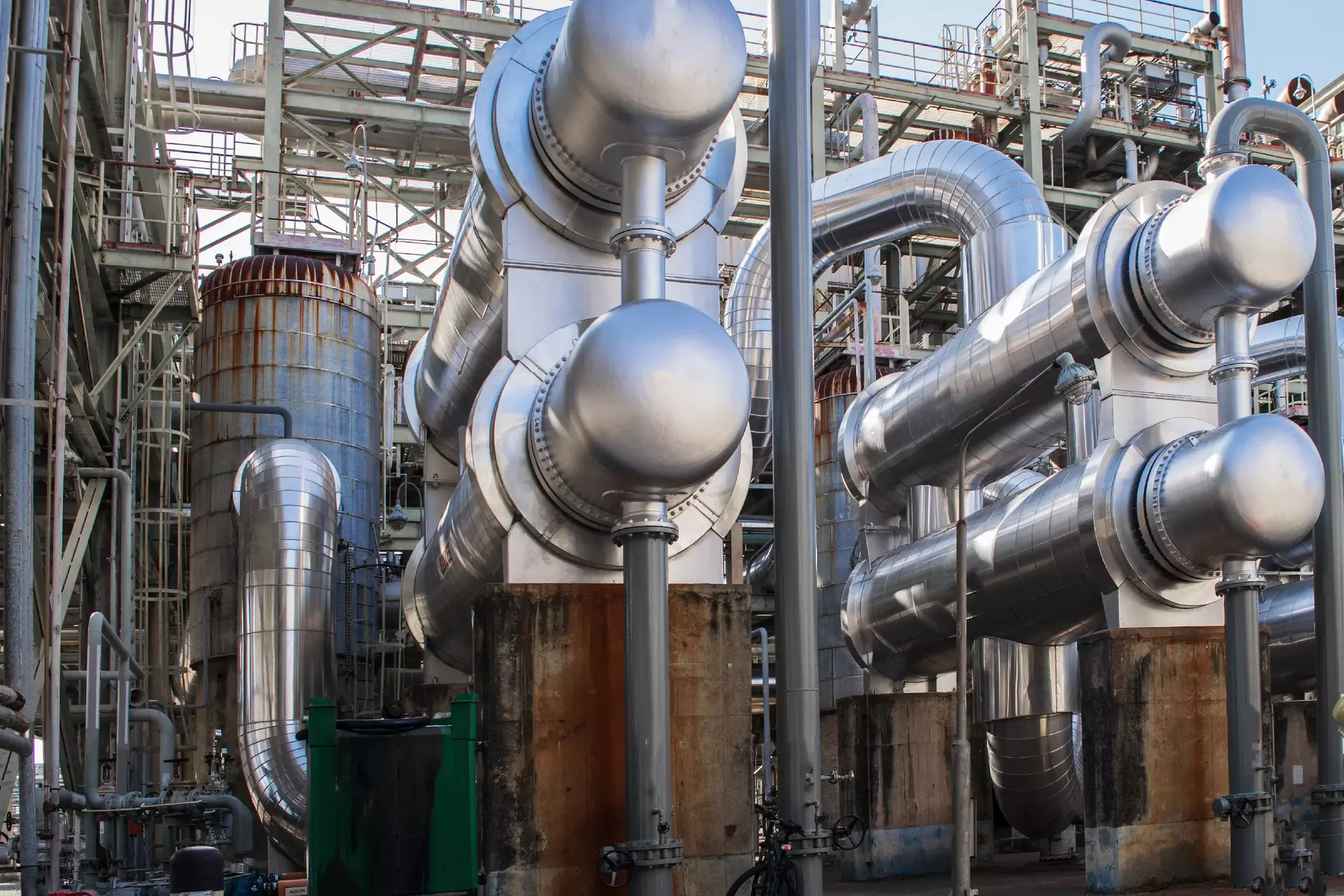 Close up of pipes in oil refinery and petrochemical plant