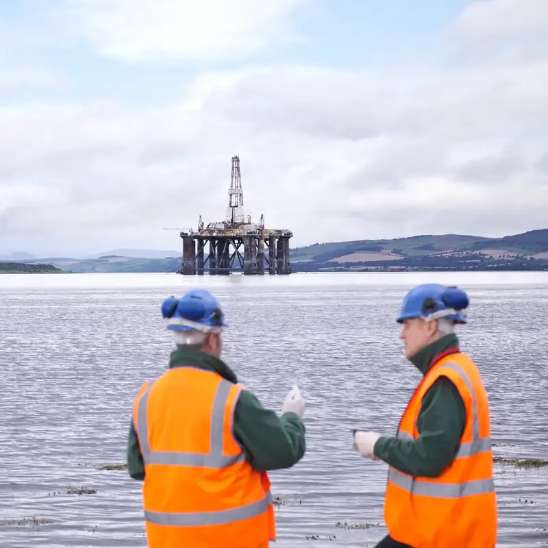 Two male oil worker on shore with oil rig in background Two male oil worker on shore with oil rig in background